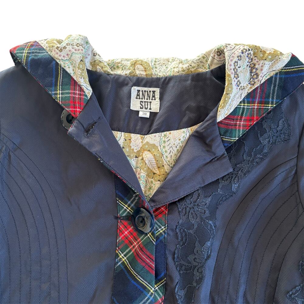 Anna Sui Retro Navy Blue Tartan and Lace Hooded Rain Coat Women’s 38 Small Y2K - Picture 3 of 8